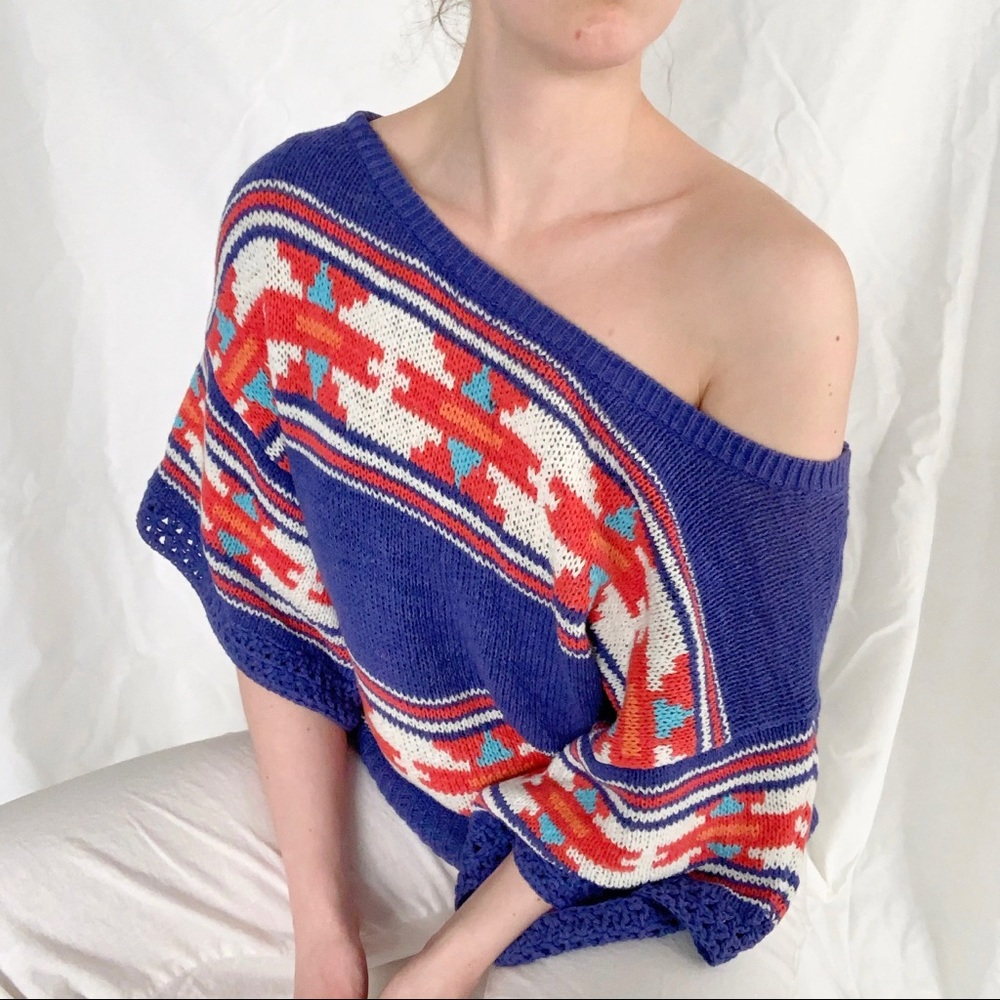American Eagle chunky knit sweater slouchy periwinkle winter southwestern Aztec